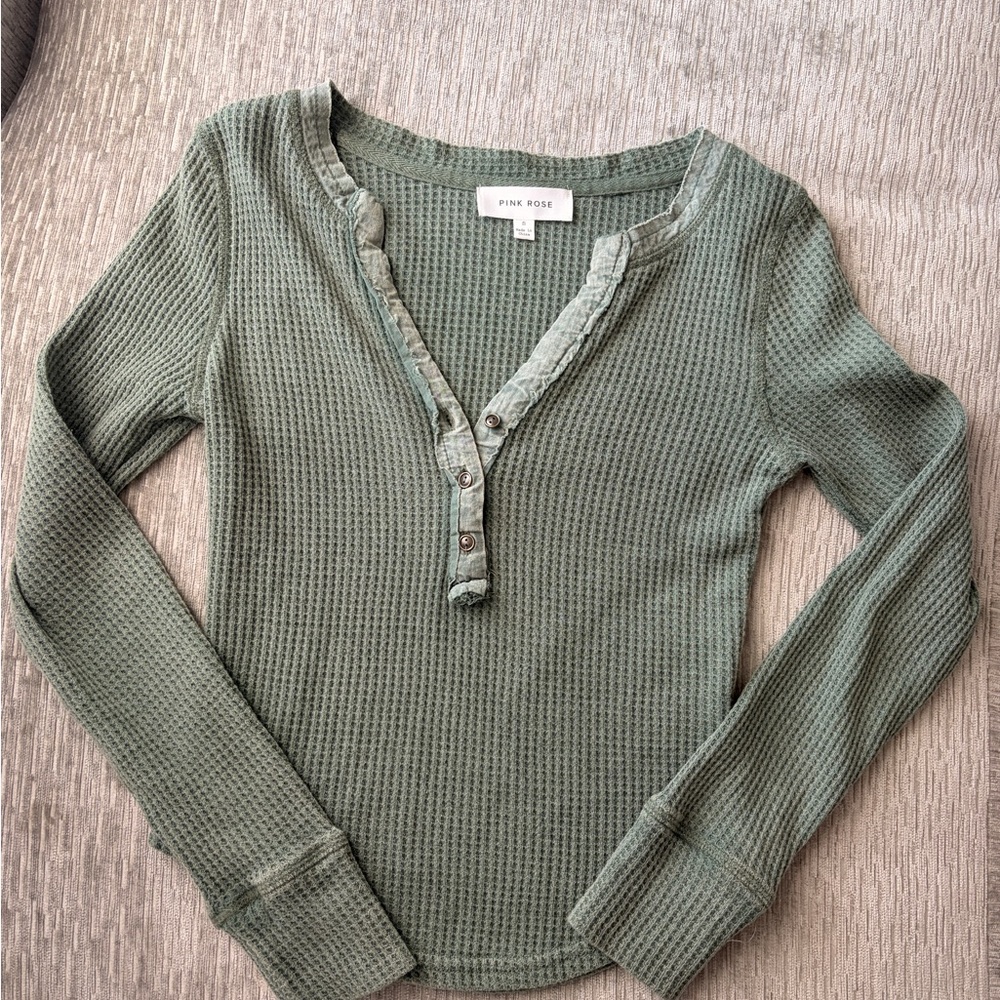 Pink Rose Women's Olive Long Sleeve Waffle Top
